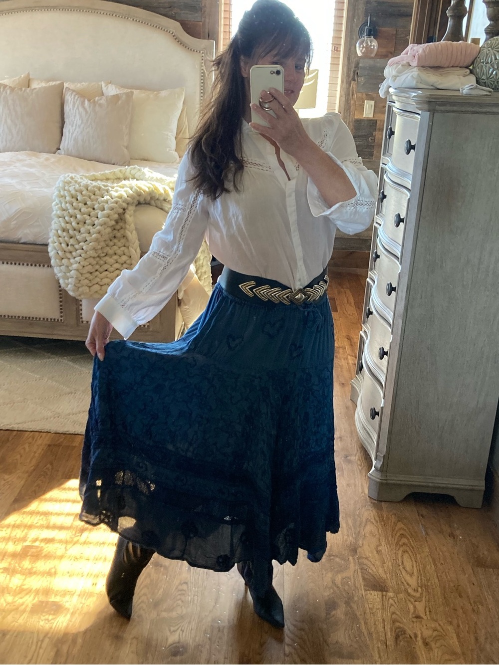 Coldwater Creek Y2K Indigo Embroidered Western Boho Maxi Skirt Size L